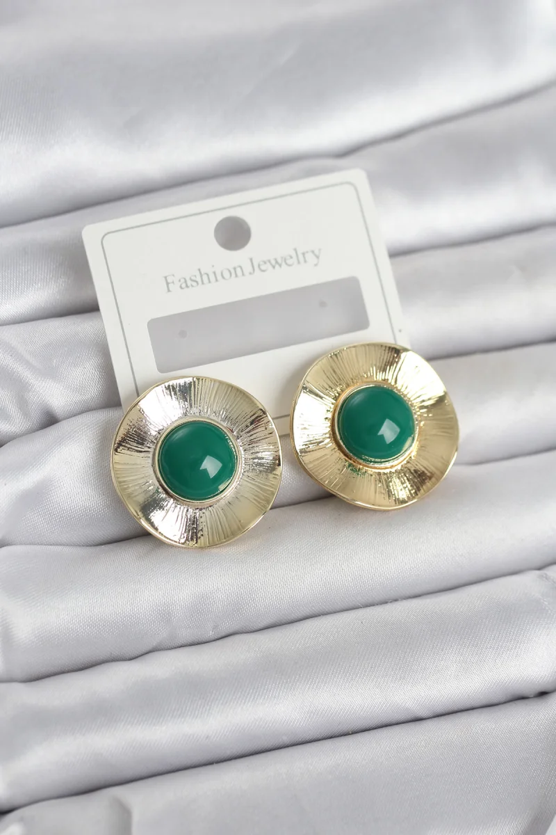 Vintage Model Yeşil Gold Renk Pirinç Kadın Küpe 5886