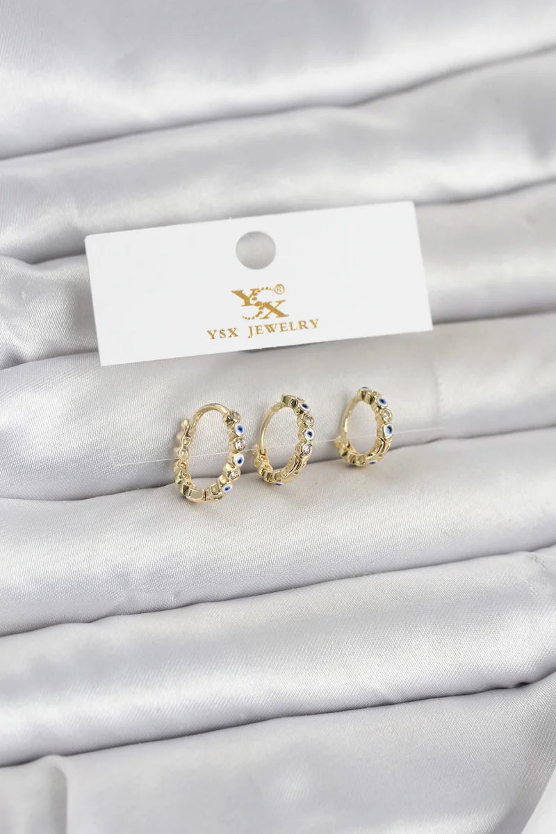 Pirinç Gold Renk Nazarlı Model 3'lü Kadın Küpe 5886