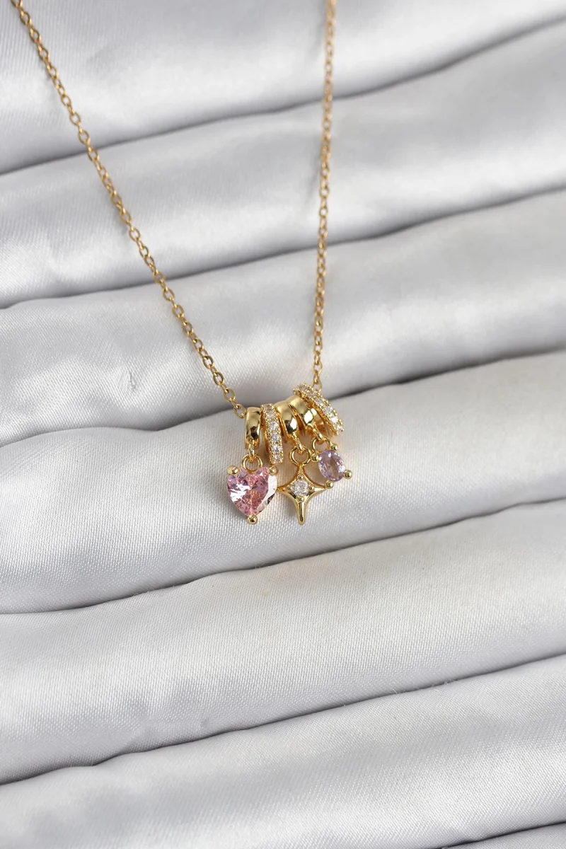 316L Çelik Gold Pembe Zirkon Taşlı Charmlı Kadın Kolye 5886