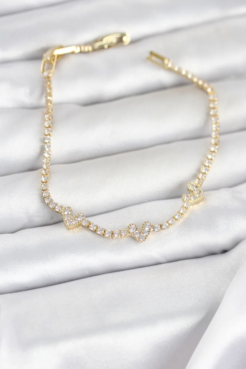 Pirinç Gold Renk Kalp Model Zirkon Taşlı Su Yolu Kadın Bileklik 5886