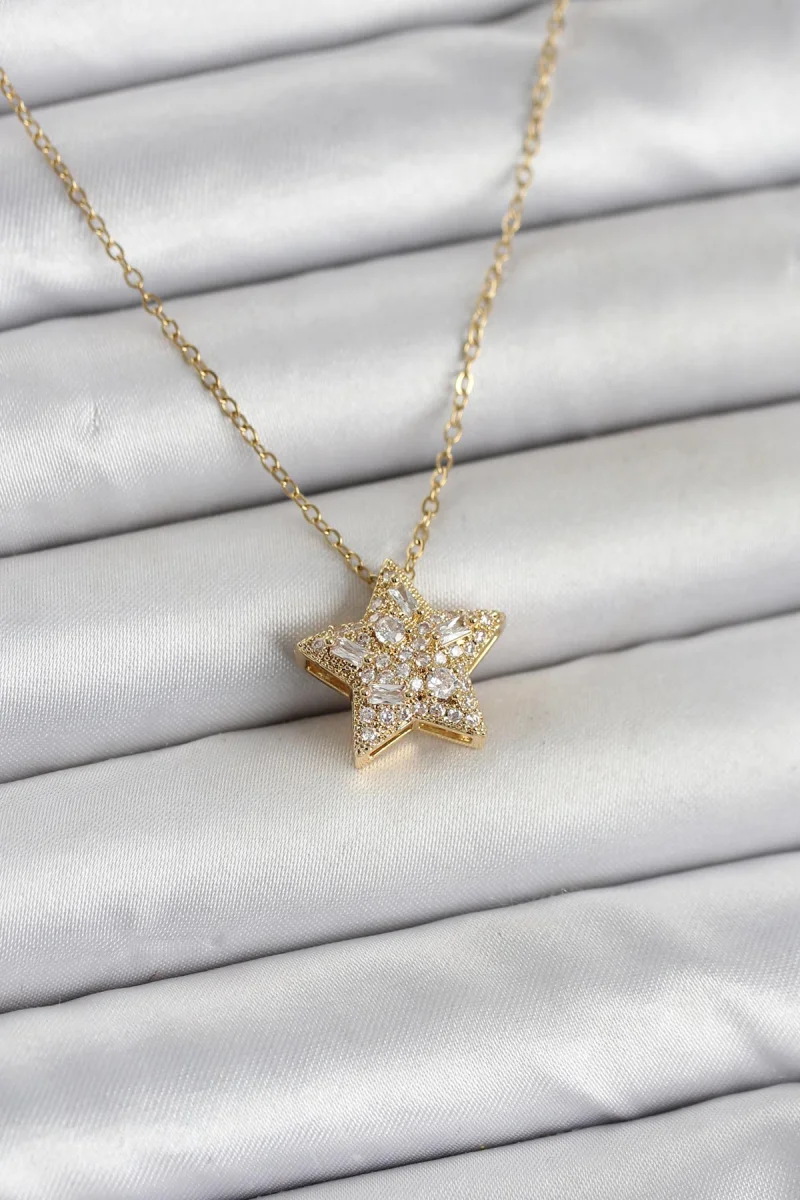 316L Çelik Zincir Gold Renk Zirkon Taşlı Yıldız Model Kadın Kolye 5886