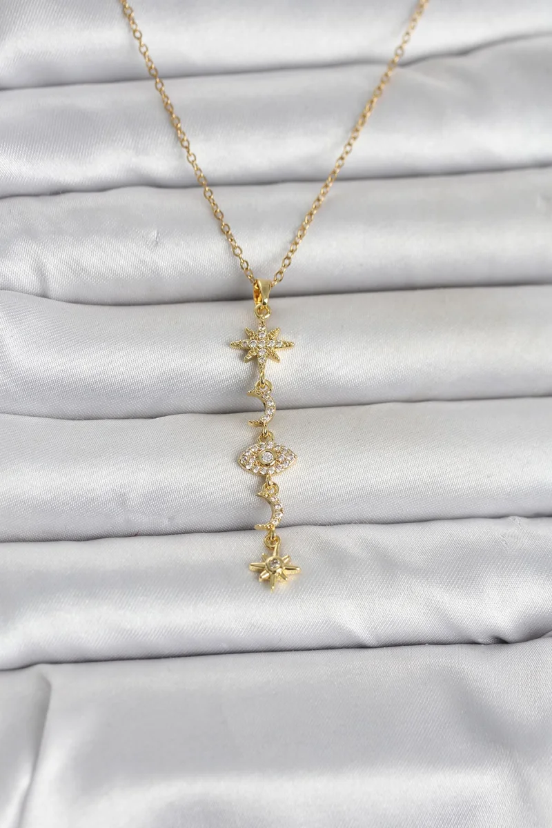 316L Çelik Gold Renk Kutup Yıldızı Y Model Zirkon Taşlı Kadın Kolye 5886
