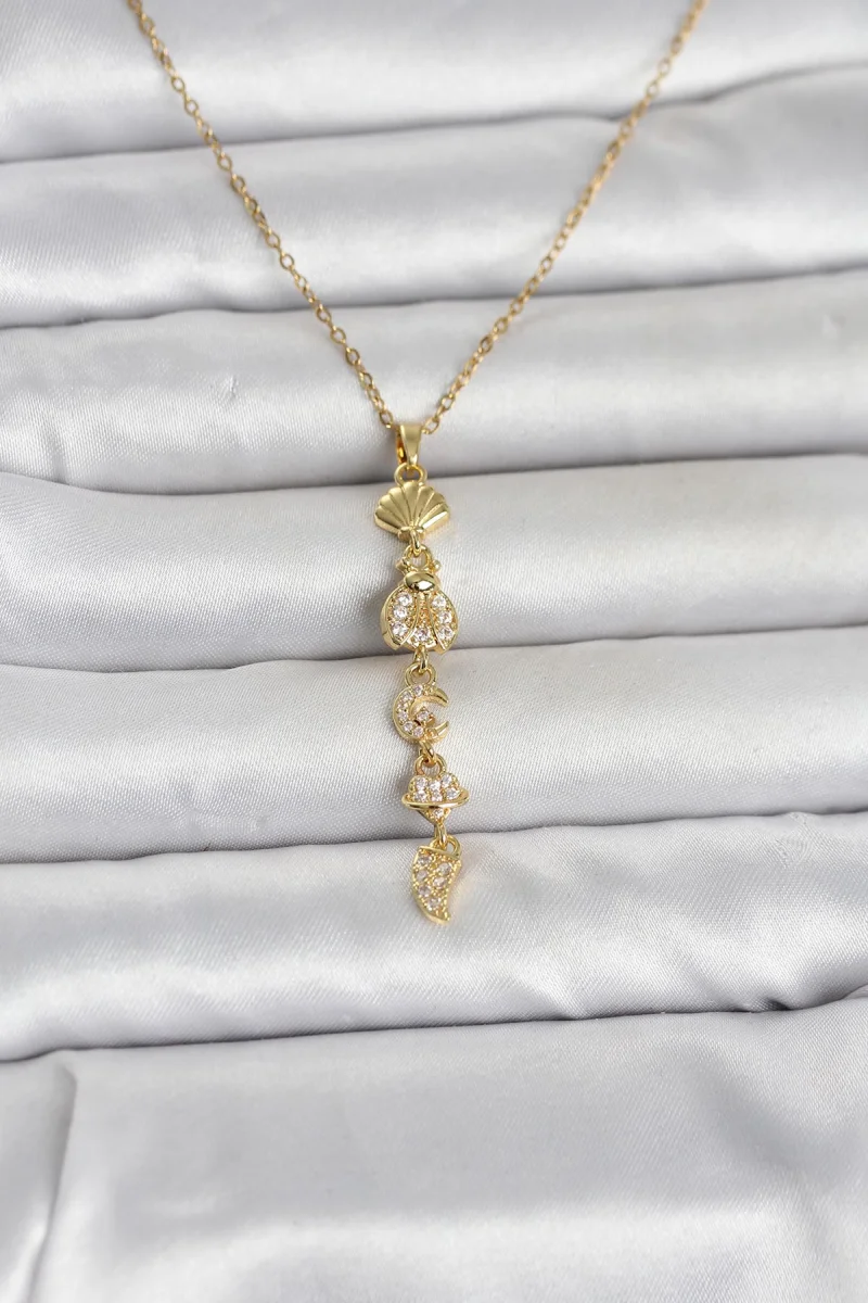 316L Çelik Gold Renk Deniz Temalı Y Model Zirkon Taşlı Kadın Kolye 5886