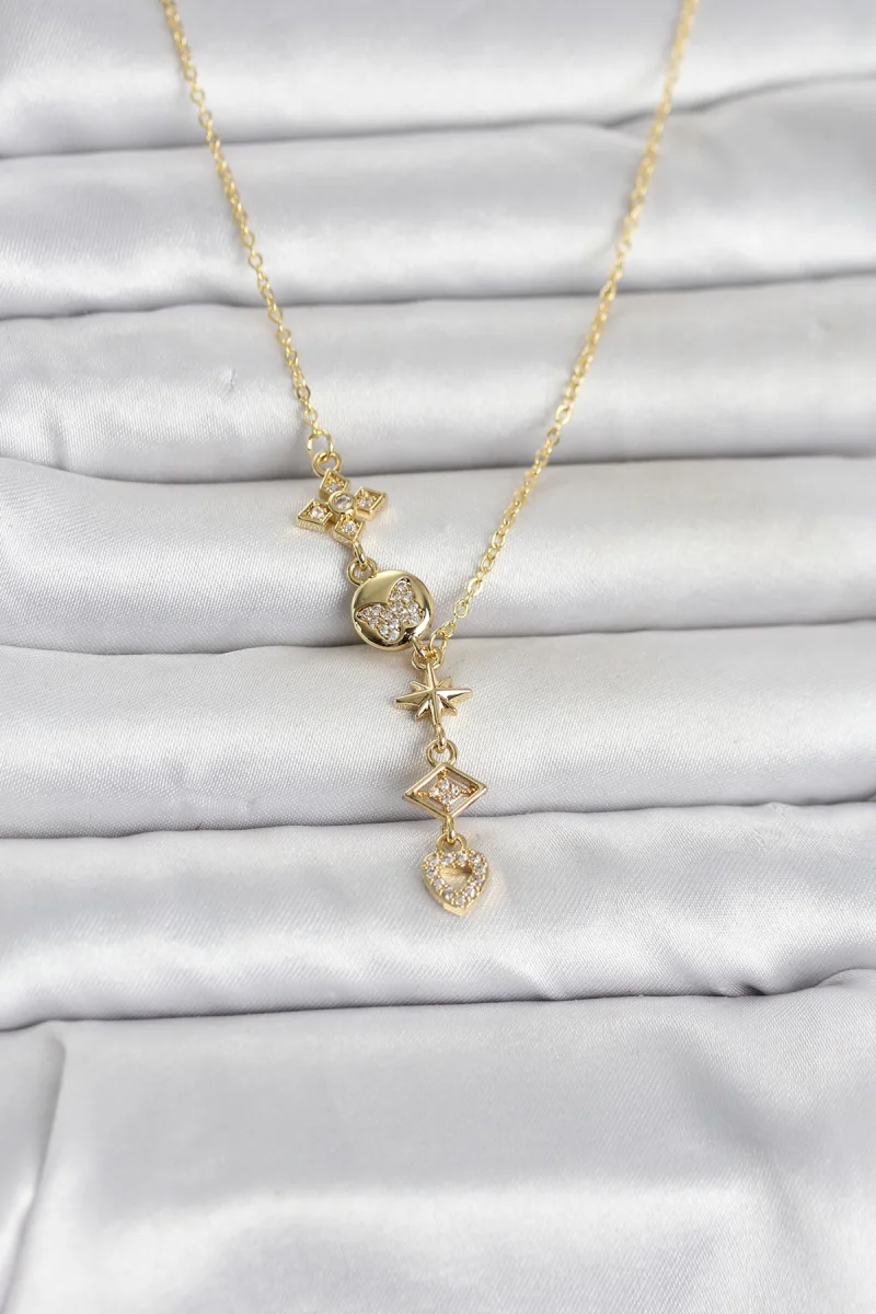316L Çelik Gold Renk Zirkon Taşlı Y Kadın Kolye 5886