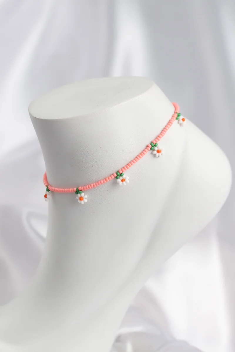 Pembe Renk Boncuklu Papatya Motifli Halhal 5886