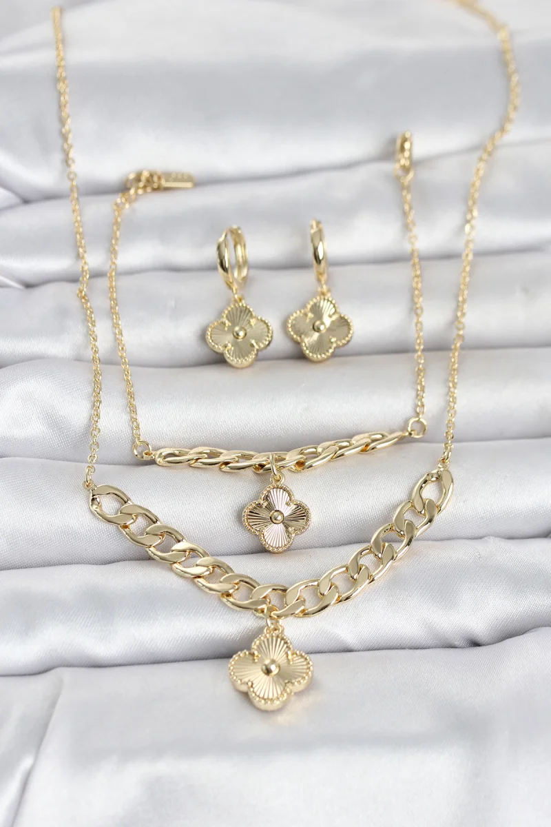 Gold Renk Pirinç Kolye Bileklik ve Küpe Seti 5886