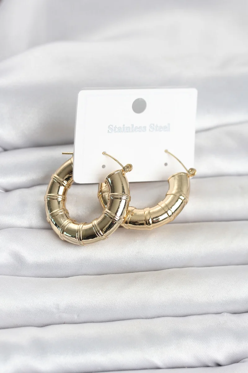 316L Çelik Gold Renk Bambu Model Halka Kadın Küpe 5886