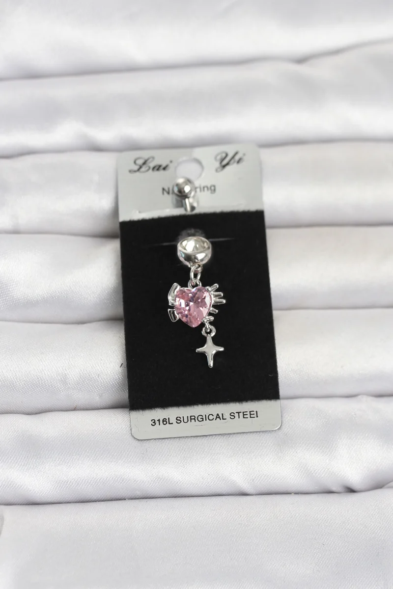 316L Cerrahi Çelik Pembe Zirkon Taşlı Model Göbek Piercing 5886