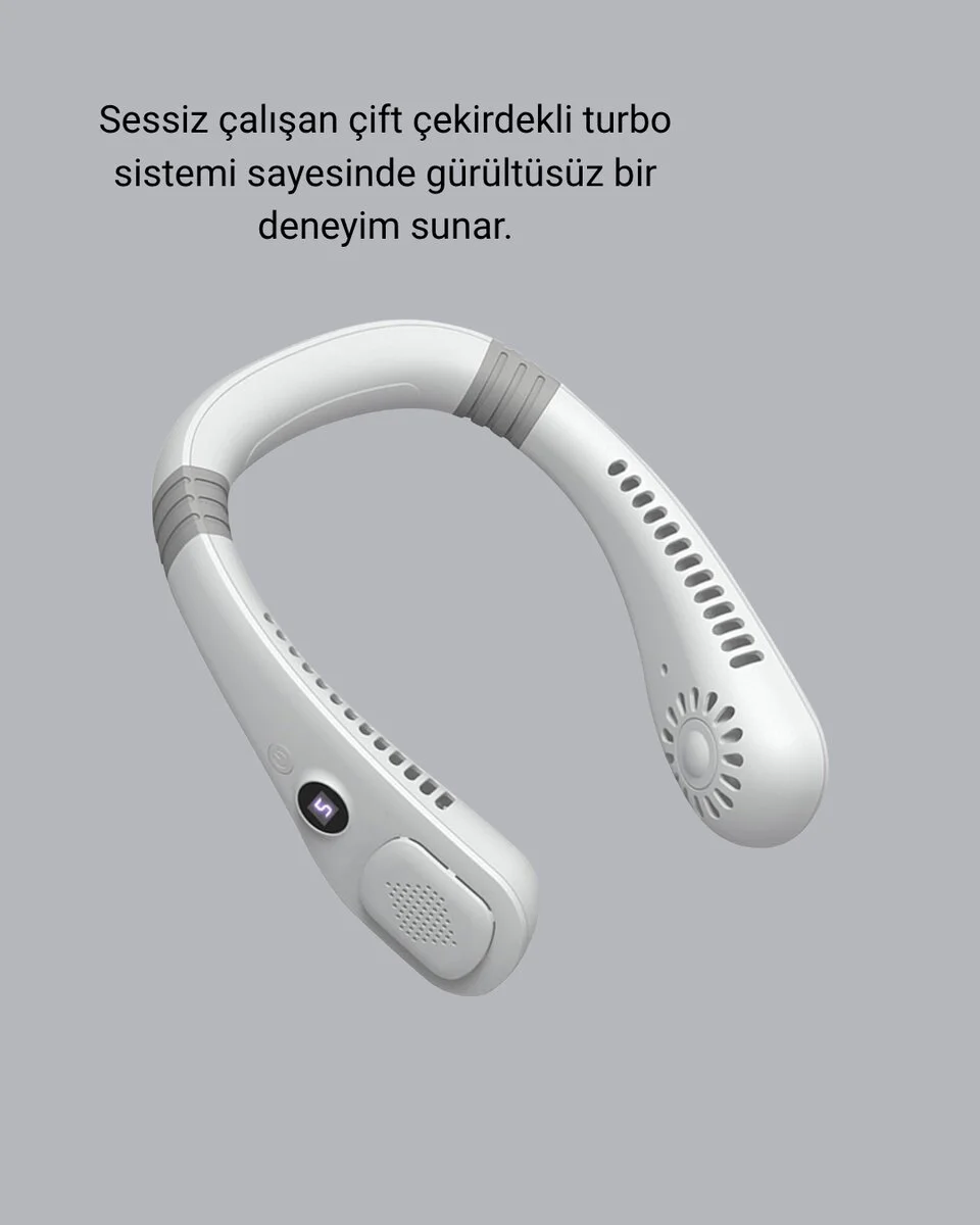 Giyilebilir Boyun Fanı 360° Dairesel Rüzgar ve 5 Kademeli Hız Ayarlı