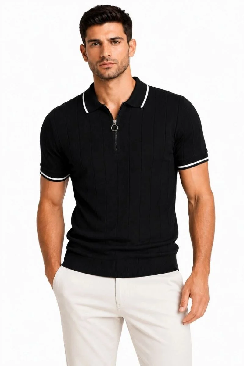 Erkek Fitilli Triko T-shirt Polo Yaka Yarım Fermuarlı Kısa Kollu Tişört - Açık Mavi