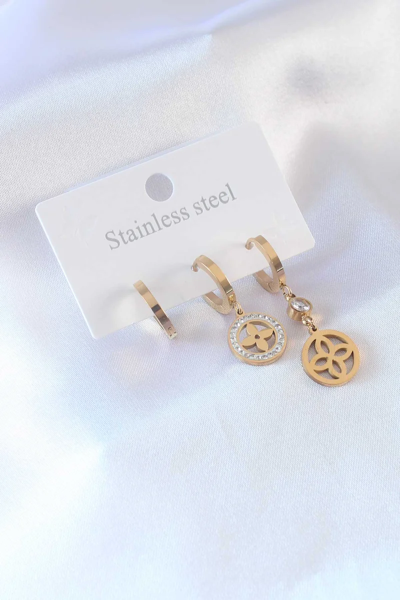 316L Çelik Gold Renk Çiçek Model Zirkon Taşlı Kadın Küpe 5886