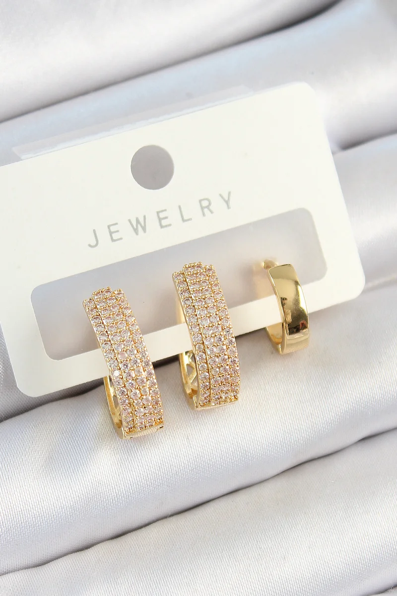 Pirinç Zirkon Taşlı Damla Model Gold Renk 3'lü Çift Kadın Küpe Set 5886