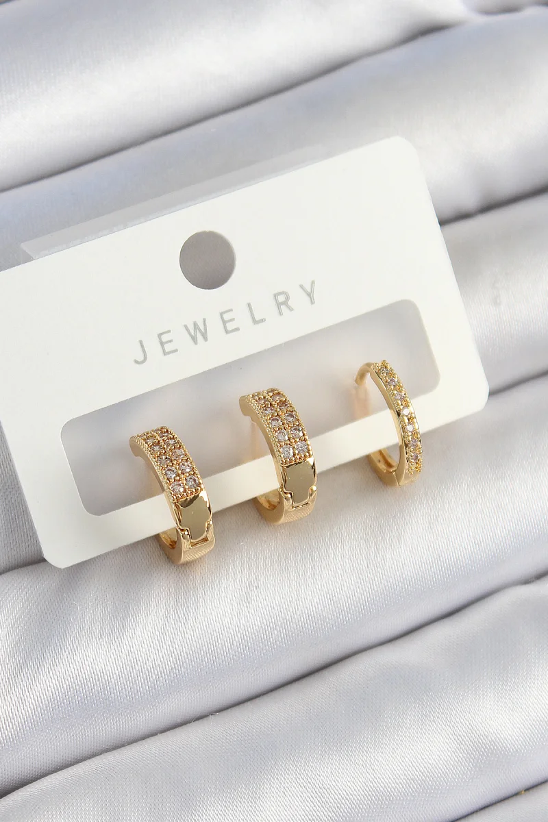 Pirinç Zirkon Taşlı Halka Model Gold Renk 3'lü Çift Kadın Küpe Set 5886