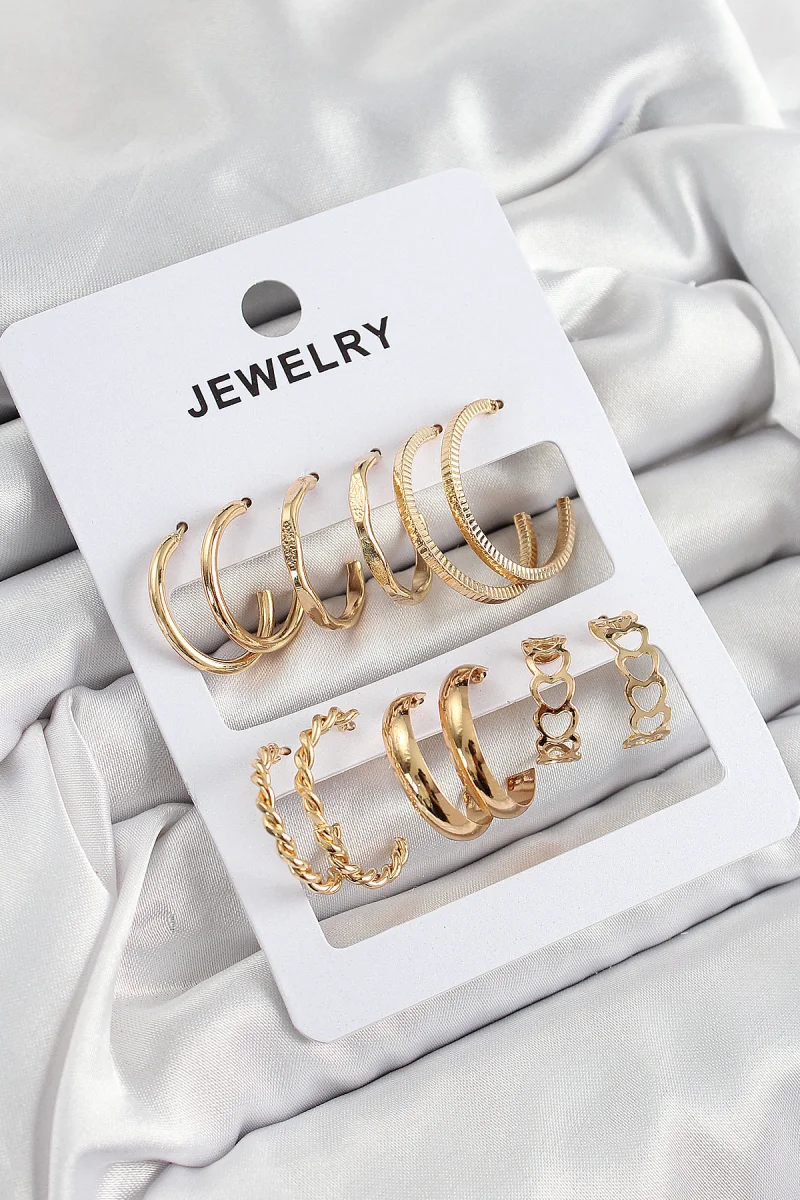 Pirinç Karışık Halka Model Gold Renk 6 Çift Kadın Küpe Set 5886