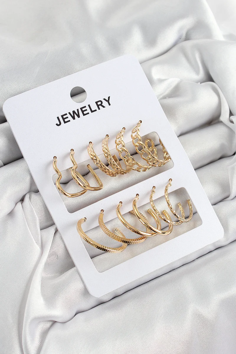 Pirinç Karışık Halka Model Gold Renk 6 Çift Kadın Küpe Set 5886