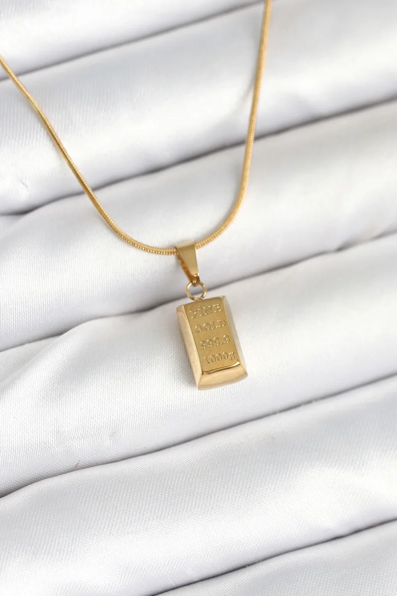 316L Çelik Gold Renk Mini Külçe Altın Model Kolye 5886