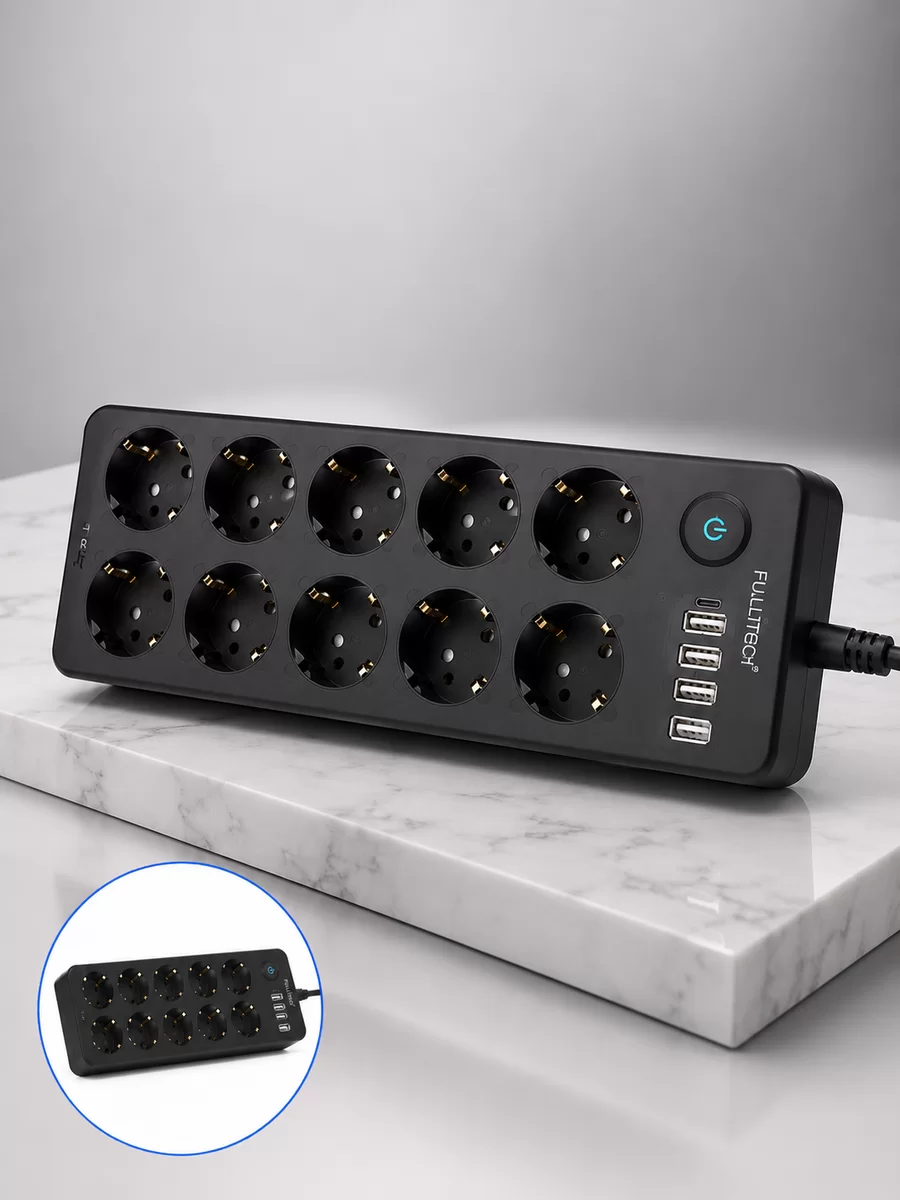 USB ve Type-C Çıkışlı 10'lu Akım Korumalı Çoklu Priz Güç Dağıtıcı