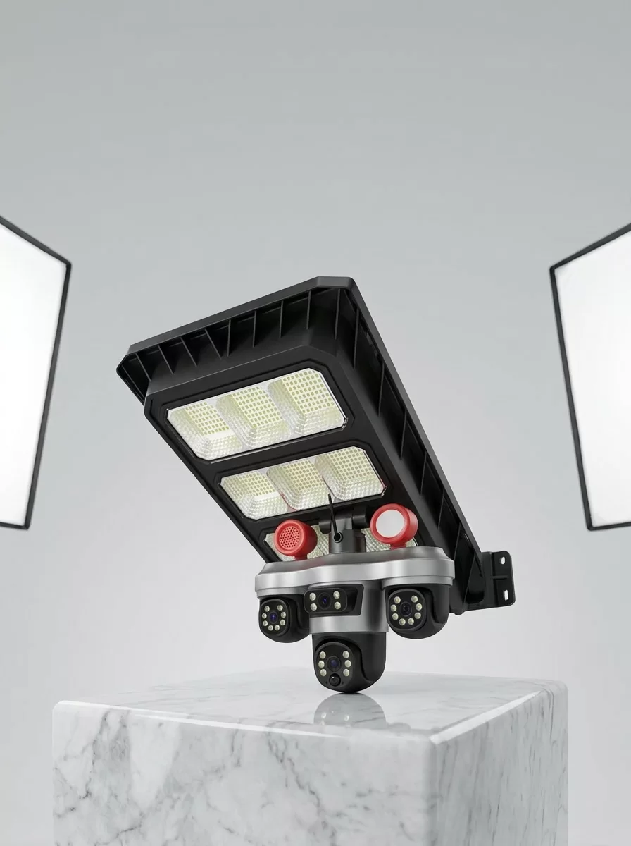 Solar Panelli 3 Lens Dış Mekan Güvenlik Kamerası Hareket Algılamalı LED Aydınlatmalı