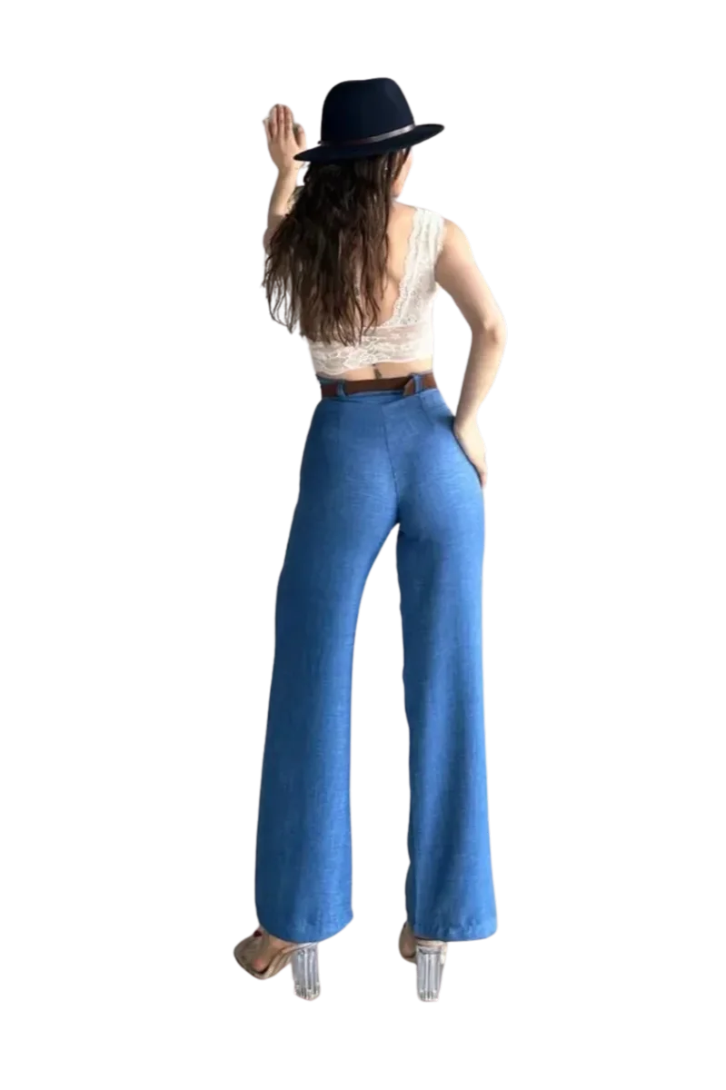 Kemerli Keten Pantolon -MAVİ