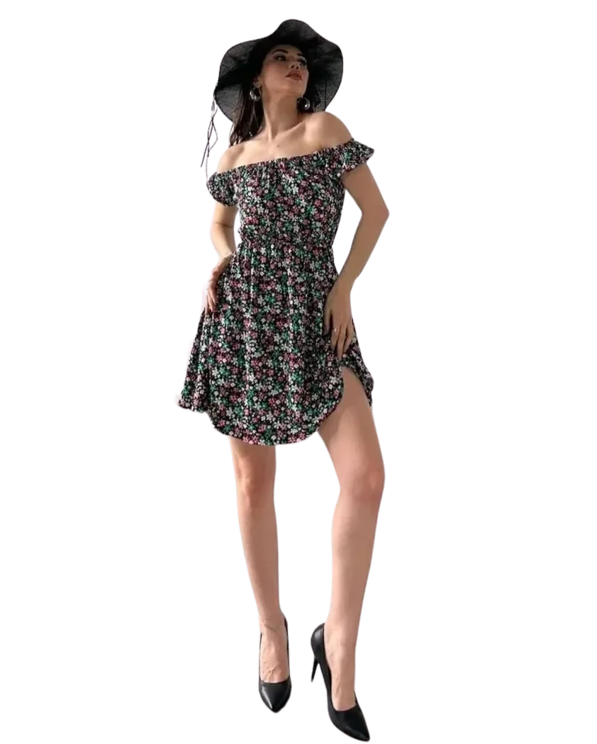 Madonna Yaka Çiçek  Desenli Elbise