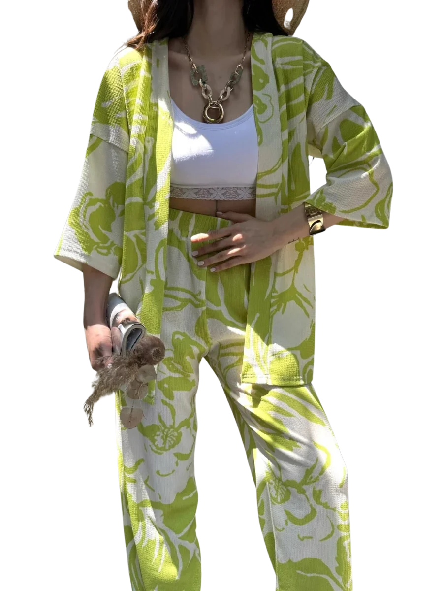 Alt Üst Takım Kimono- Desenli-Yeşil