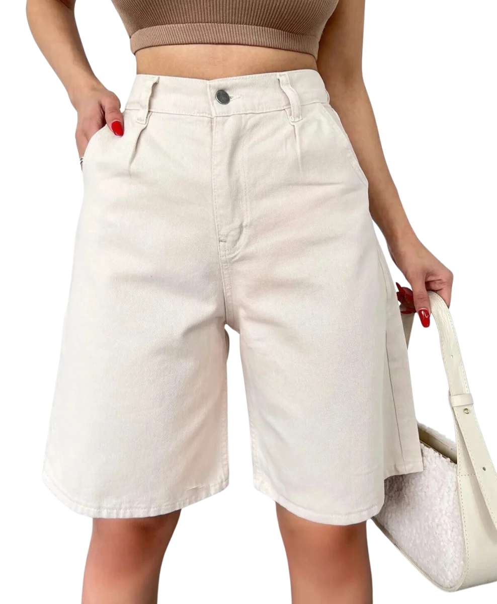 Rahat Kesim  Denim Şort CEPLİ-Krem