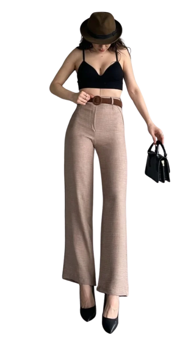 Keten Pantolon Beli Kemerli  - KAHVE