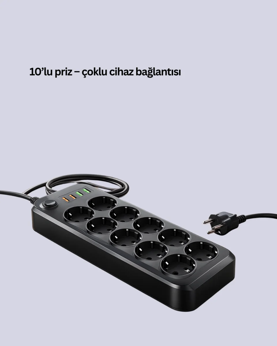 10 Prizli Uzatma Kablosu Termal Koruma USB Type-C Hızlı Şarj 2500W