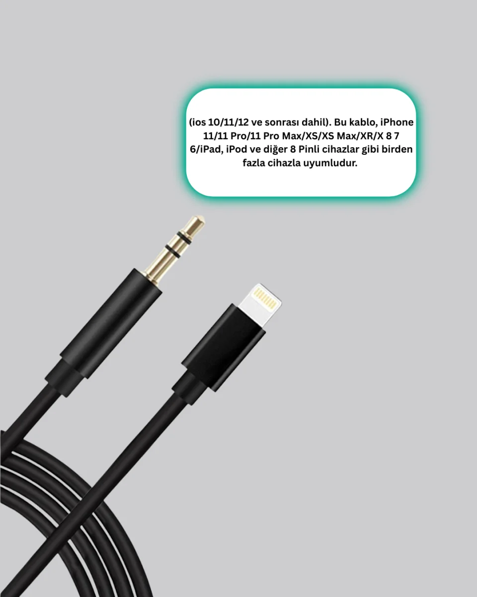 Lightning to 3.5mm Aux Ses Dönüştürücü Kablo 1 Metre Stereo Uyumlu