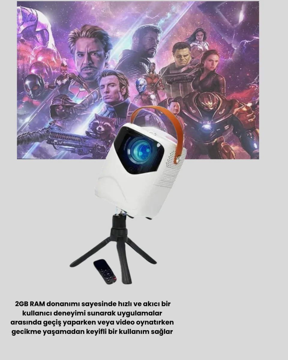 Taşınabilir 1080P HD Akıllı Projektör – 64GB Dahili Hafıza, 2GB RAM, Uzaktan Kumandalı