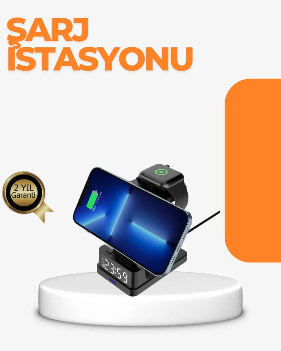 4’ü 1 Arada Kablosuz Şarj İstasyonu – LED Saat Ekranlı, Apple Uyumlu, Akıllı Güvenlik Koruması