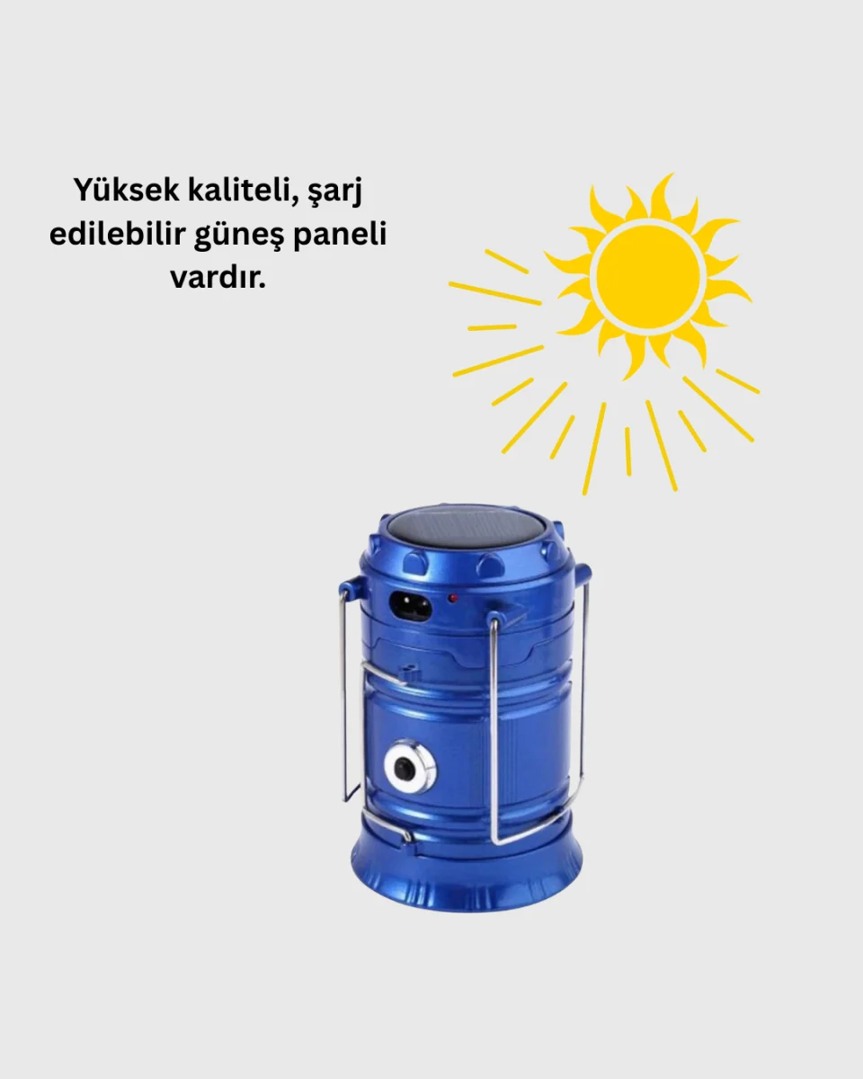 Şarj Edilebilir Güneş Enerjili Kızaklı Kamp Feneri – USB Çıkışlı, Katlanabilir, Dayanıklı ve Çok Fonksiyonlu