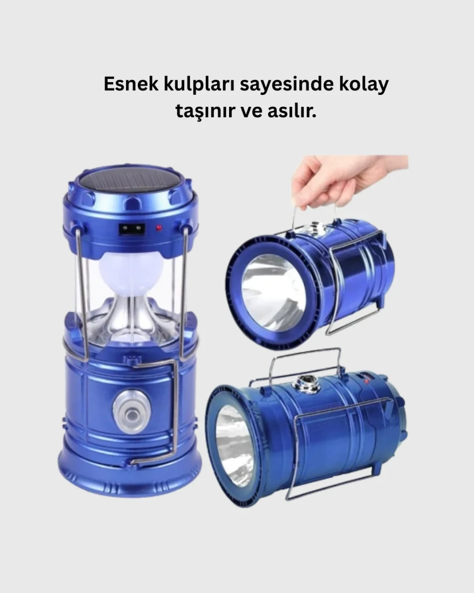 Şarj Edilebilir Güneş Enerjili Kızaklı Kamp Feneri – USB Çıkışlı, Katlanabilir, Dayanıklı ve Çok Fonksiyonlu