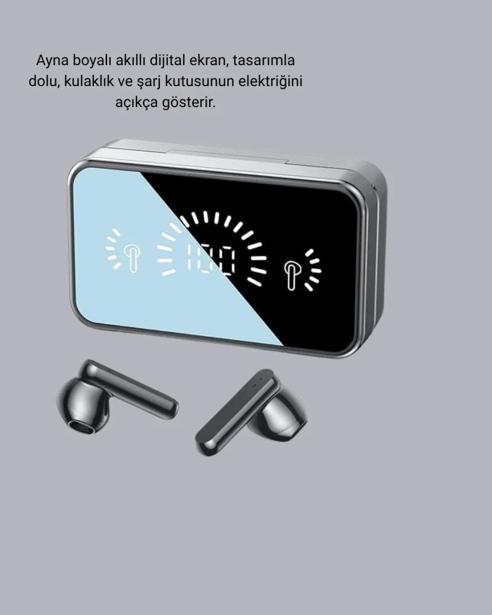 Ayna Ekranlı Bluetooth 5.1 Kablosuz Kulaklık – 3500 mAh Şarj Kutusu, Suya Dayanıklı
