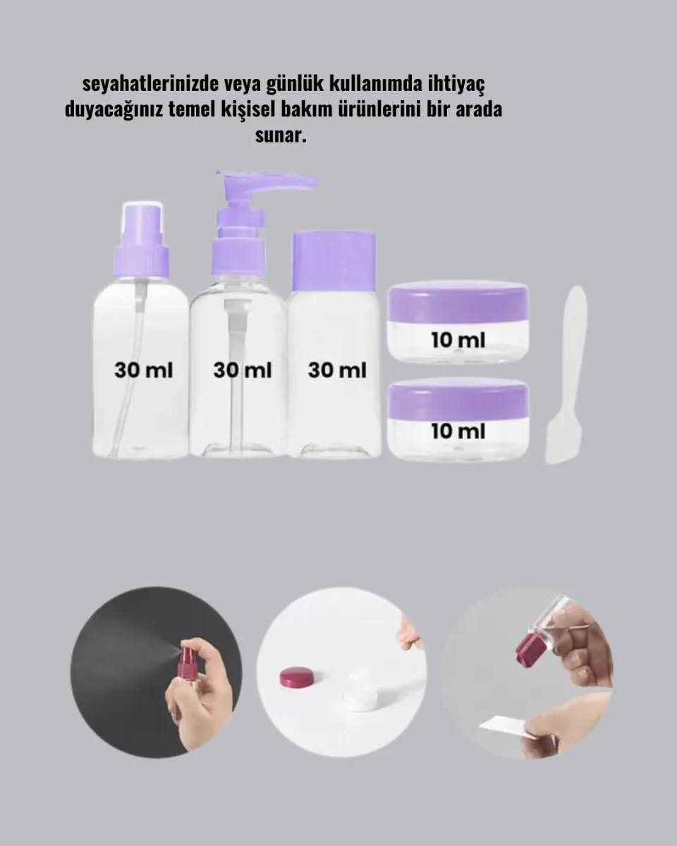 Seyahat Bakım Seti 5 Parça Sızdırmaz Şeffaf Kapaklı 30ml