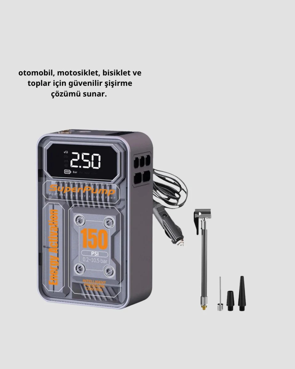 Taşınabilir Kablosuz Hava Pompası – 150 PSI Güçlü Basınç ve 6000mAh Şarjlı