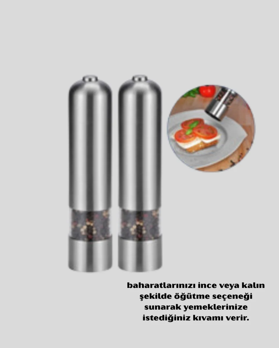 Modern Otomatik Baharat Öğütücü Seti – Pilli, Paslanmaz Çelik, LED Aydınlatmalı