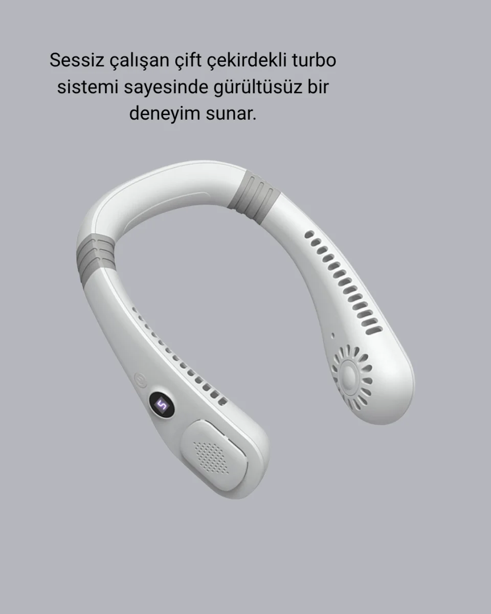 Giyilebilir Boyun Fanı 360° Dairesel Rüzgar ve 5 Kademeli Hız Ayarlı