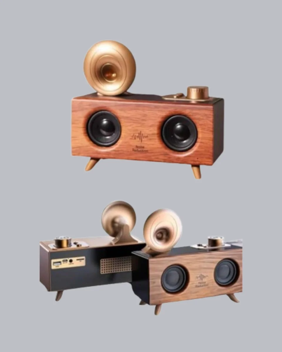 Çift Hoparlörlü Bluetooth Gramofon Speaker – FM Radyo, USB, SD Kart ve AUX Girişli