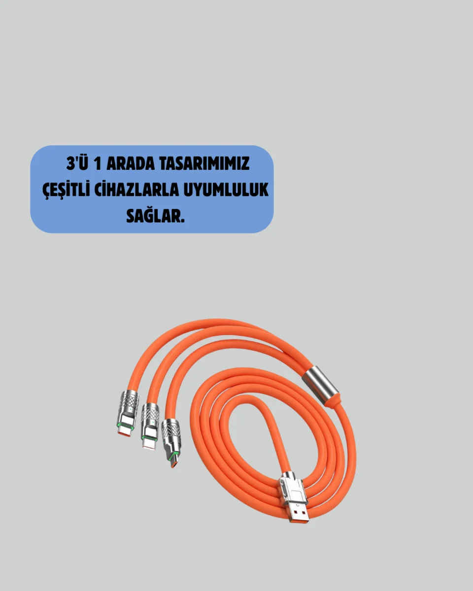 120 W Şarj ve Veri Aktarımı Kablo– 3 Başlıklı Çok Amaçlı Kablo Yüksek Hızlı