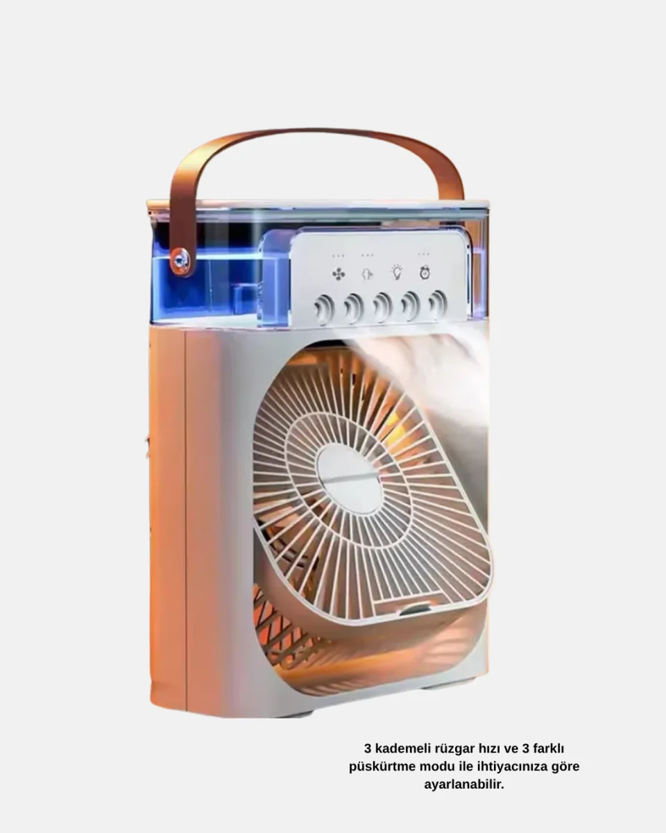 3’ü 1 Arada Mini Klima Fan USB Şarjlı, 7 Renk Gece Lambalı ve Nemlendirici
