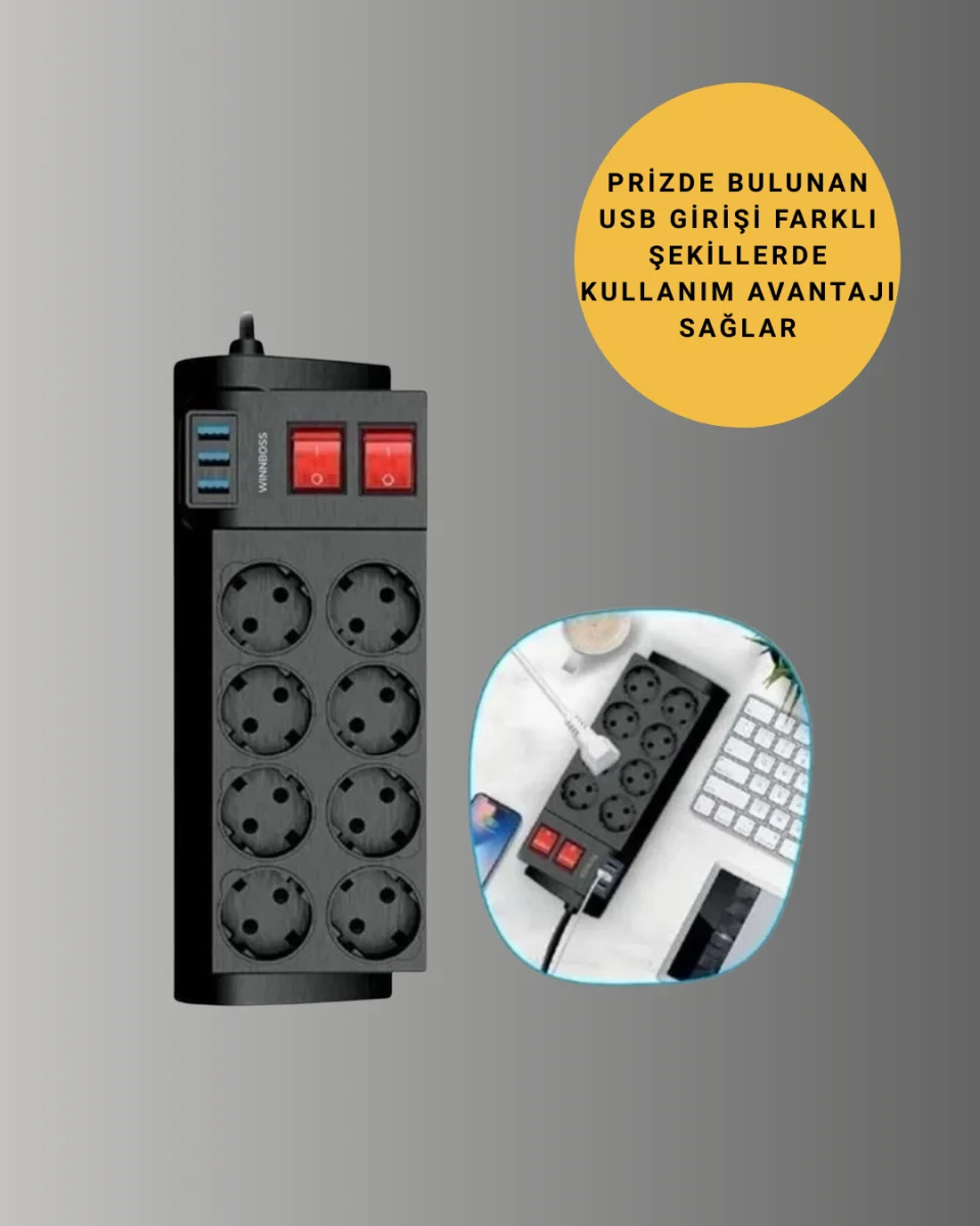 2 Metre Güçlü Çoklu Priz 8 Soket