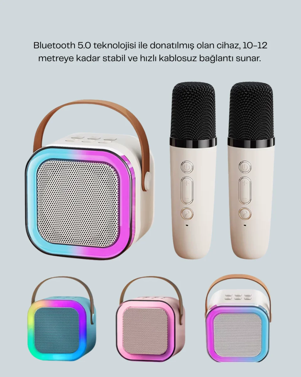 LED Işıklı Taşınabilir Karaoke Hoparlör – USB & AUX Girişli
