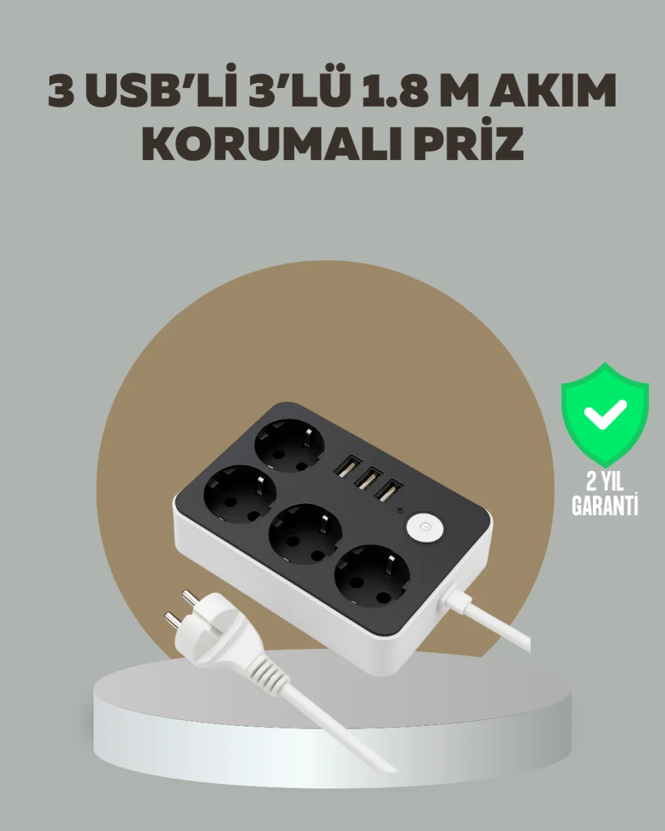 4 Prizli 3 USB Portlu Anahtarlı Akım Korumalı Priz