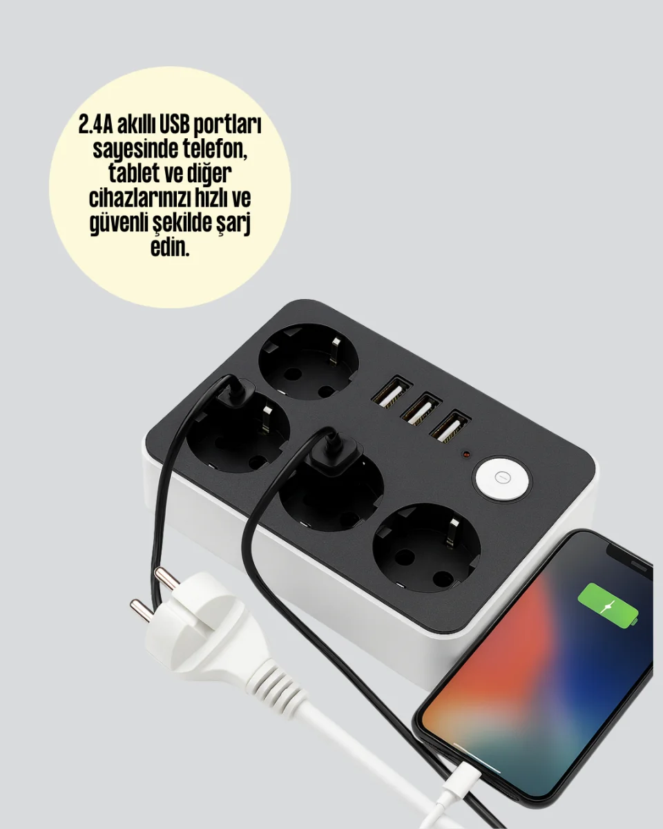 4 Prizli 3 USB Portlu Anahtarlı Akım Korumalı Priz