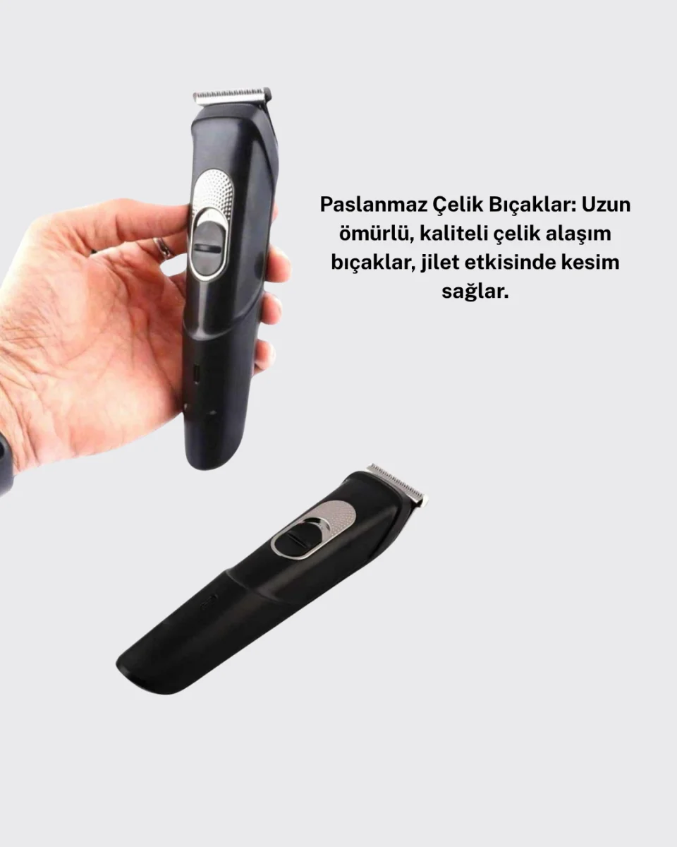 Kablosuz, Paslanmaz Çelik Bıçaklı Profesyonel Saç ve Sakal Tıraş Makinesi – Sessiz, Güçlü ve Ergonomik