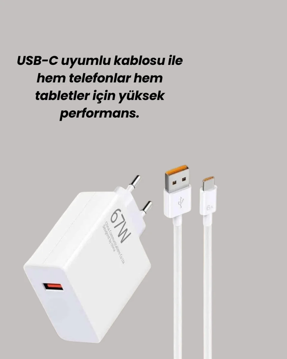 67W Hızlı Şarj Adaptörü ve Veri Aktarım Özellikli Type-C Kablo Seti
