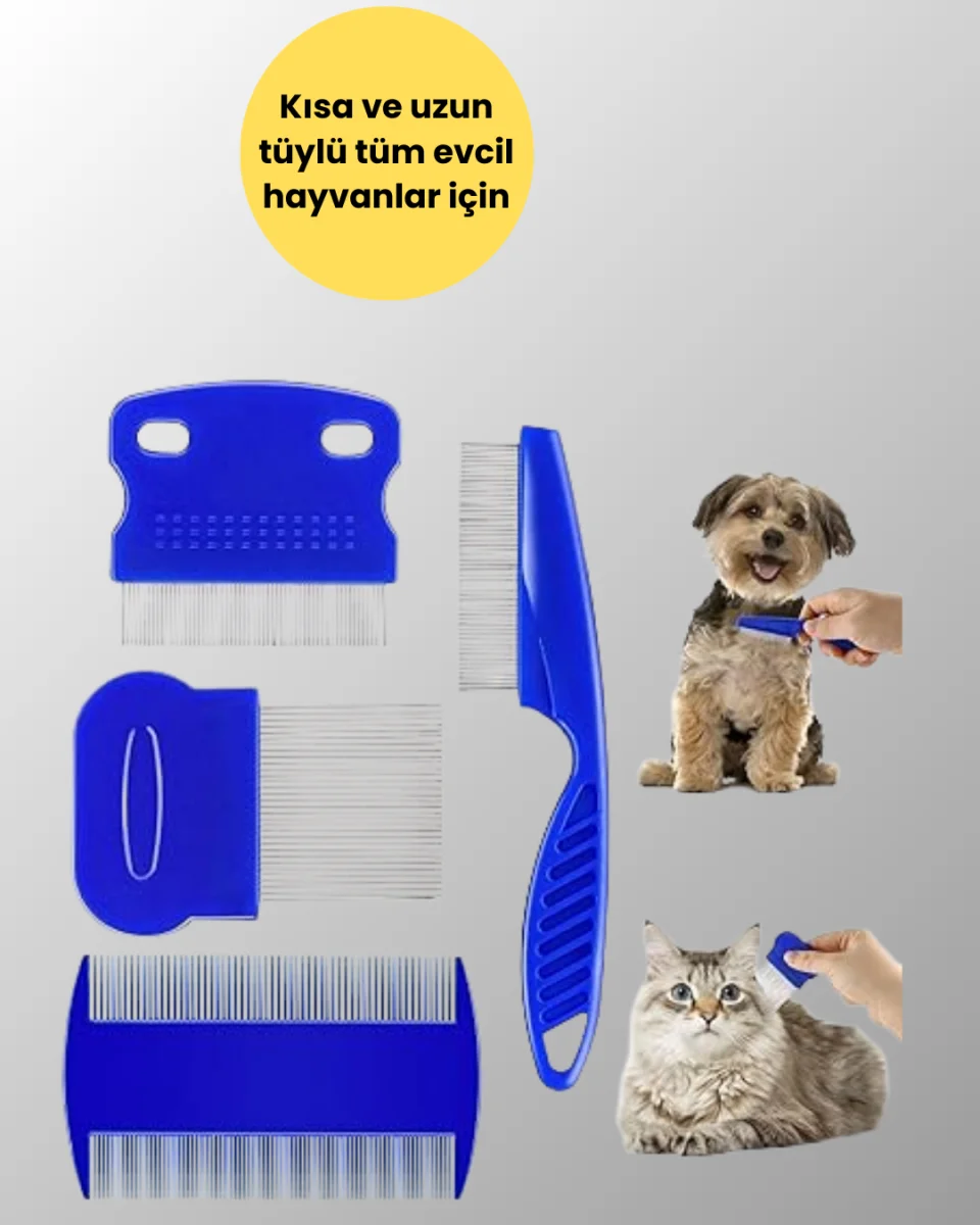 4 Parçalı Evcil Hayvan Tarak Seti – Paslanmaz Çelik Dişli, Ergonomik Saplı