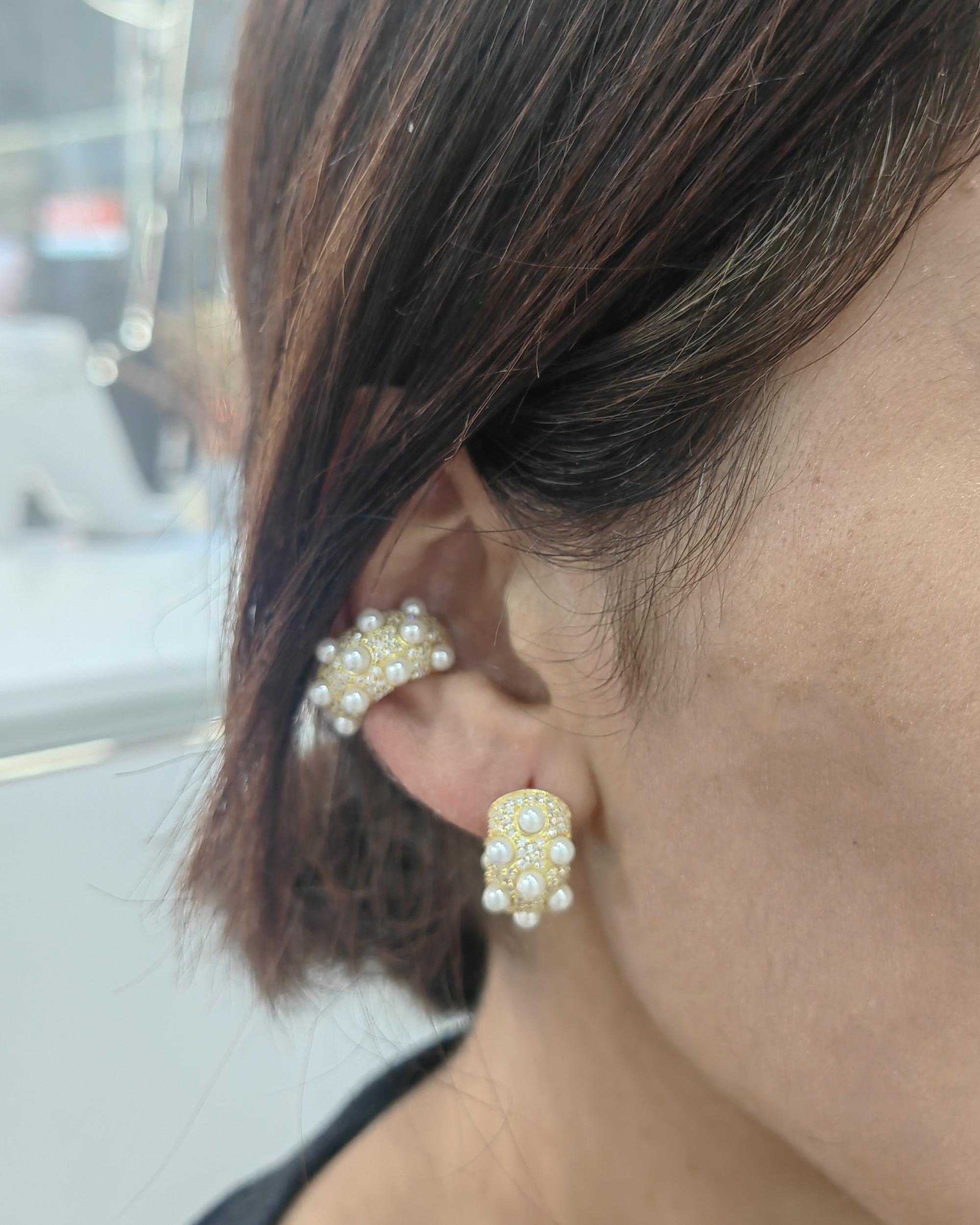 İncili Elegance Kalın Gümüş Halka Küpe - Gold Renk