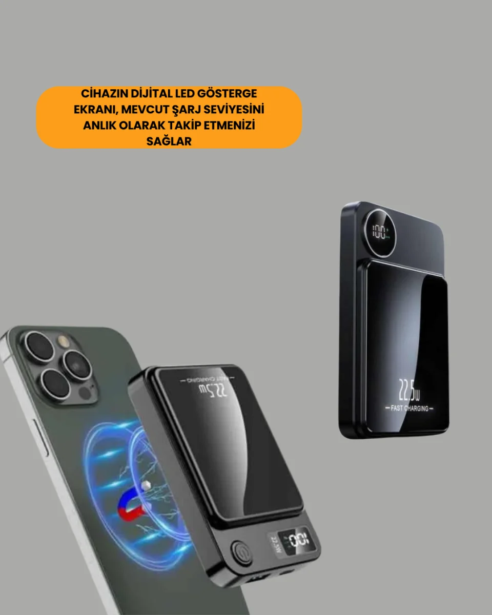 Alüminyum Alaşımlı, 20W PD Hızlı Şarj ve Manyetik Kablosuz Powerbank